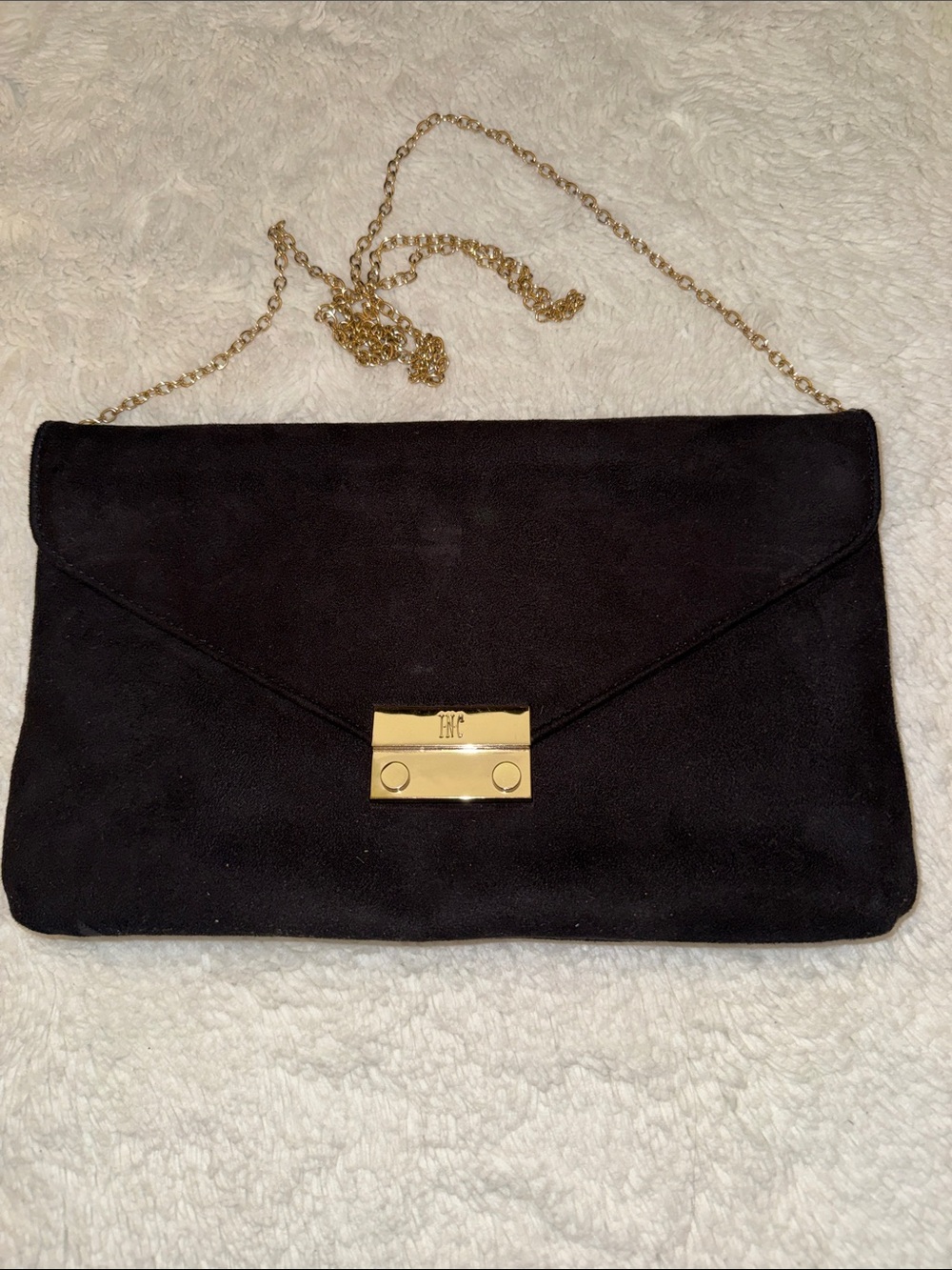 INC International Concepts Black Suede Envelope Clutch with Gold Chain